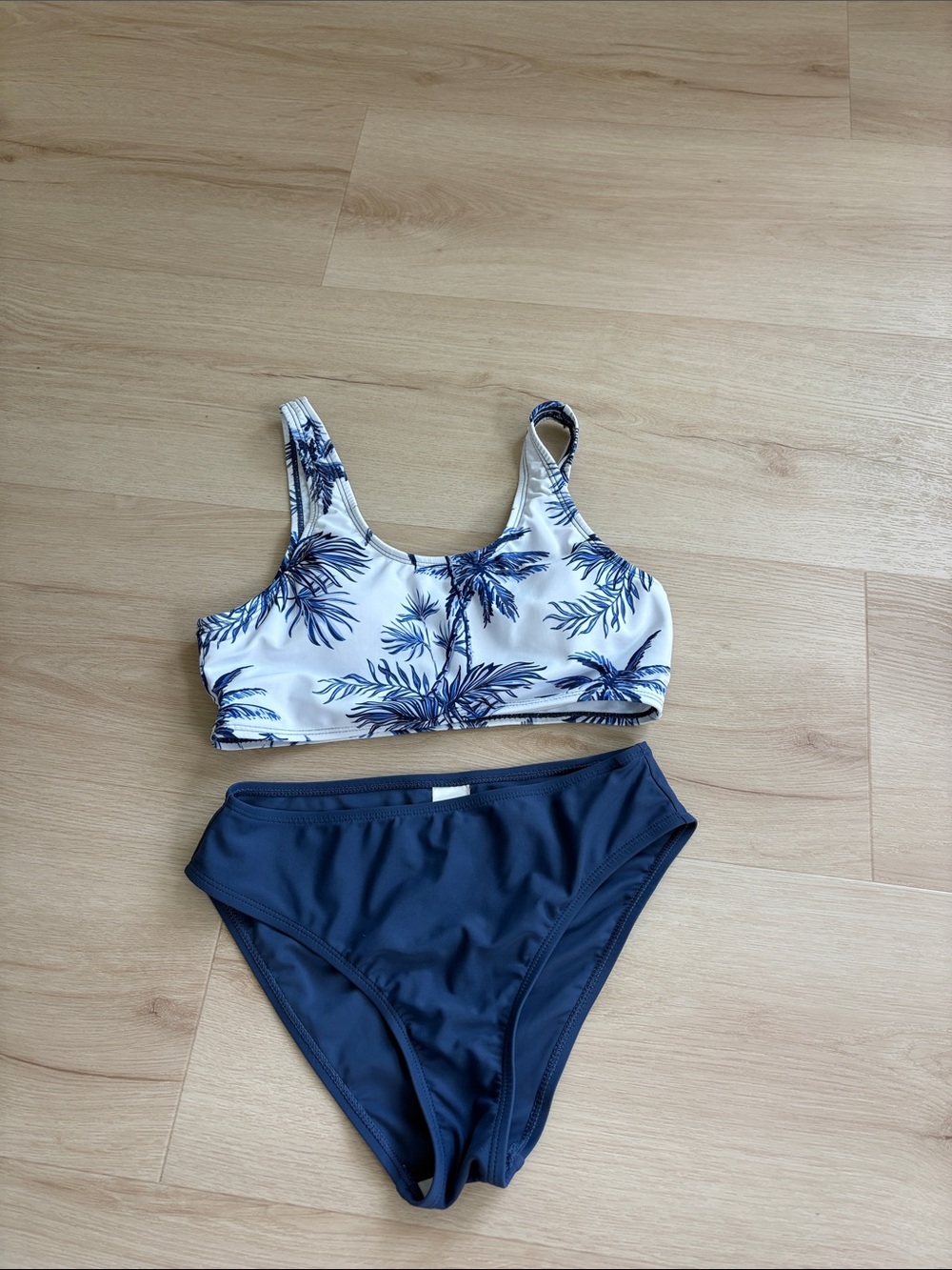 SHEIN Girls Blue Palm Print Bikini Set - Navy & White